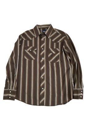 Wrangler Western Pearl Snap Shirt Men’s L Brown Stripe Retro Cowboy Rodeo NWOT
